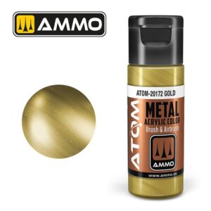 AMMO ATOM-20172 Gold Acrylic Paint for models, featuring a metallic finish and versatile application.