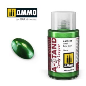 Sleek Bottle Green Candy Lacquer paint by AMMO, showcasing rich color and glossy finish.
