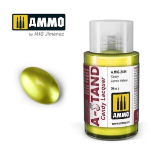 Vibrant Lemon Yellow Candy Lacquer by AMMO with glossy finish, perfect for model painting.