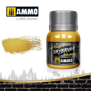 Vibrant yellow AMMO drybrush paint for detailed modeling and artistic endeavors.