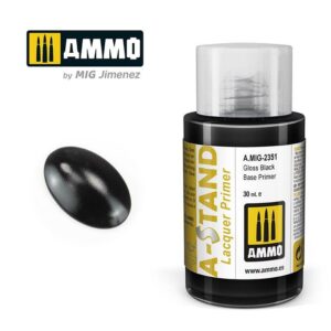 AMMO Gloss Black Base Primer A.MIG-2331 for smooth finishes in model painting projects.