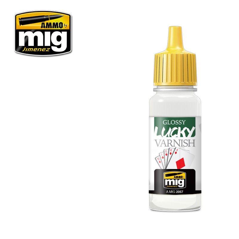 Ammo by Mig Jimenez glossy varnish for model finishing with precision applicator cap.