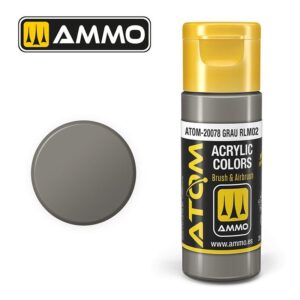 Ammo Acrylic Paint ATOM-20078 Grau RLM02, versatile soft gray shade for artists and modelers.