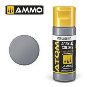 Ammo ATOM-20135 Grey acrylic paint bottle with vibrant cap and versatile color swatch.