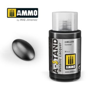 Ammo Gunmetal Metallic Lacquer paint with glossy color swatch for modeling and miniatures.