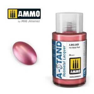 Hot Metal Red lacquer paint by Ammo by MIG Jimenez in 30ml, featuring vibrant metallic sheen.