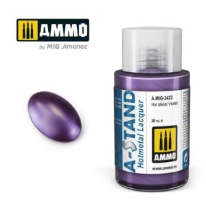 Hot Metal Violet Lacquer by AMMO: vibrant, glossy purple paint for modelers and artists.
