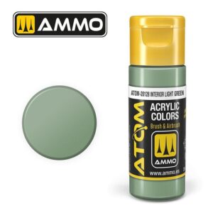 AMMO Interior Light Green acrylic paint, ideal for models, featuring a sleek bottle and swatch.