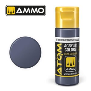 Ammo Intermediate Blue acrylic paint, ATOM series, features a sleek design and versatile color swatch.