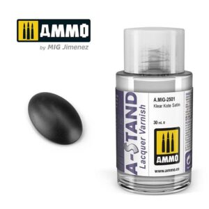 Ammo Clear Kote Satin Varnish, 30 ml bottle for model painters with easy-access flip-top cap.