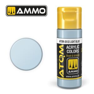 AMMO ATOM-20122 Light Blue Acrylic Paint in sleek bottle for versatile artistic applications.
