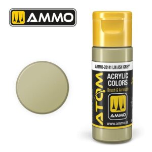 AMMO Lin Ash Grey acrylic paint bottle with matching swatch for precise artistic applications.