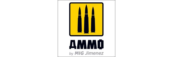 AMMO logo by MIG Jimenez: bold design with yellow background and sleek bullet imagery.