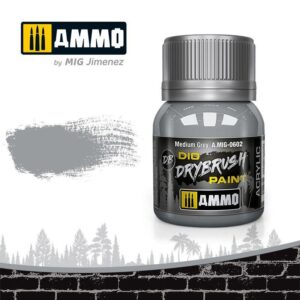 AMMO Medium Grey Acrylic Drybrush Paint A.MIG-0602 in sleek bottle, perfect for model painting.