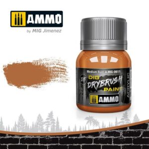 Ammo by MIG Medium Rust drybrush paint for realistic weathering and detailing in modeling.