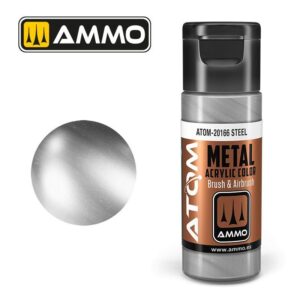 Ammo ATOM-20166 Steel Metallic Acrylic Paint for realistic model finishes.