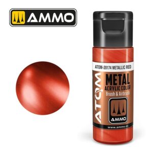 Vibrant AMMO ATOM-20174 Metallic Red Acrylic Paint for versatile artistic applications.