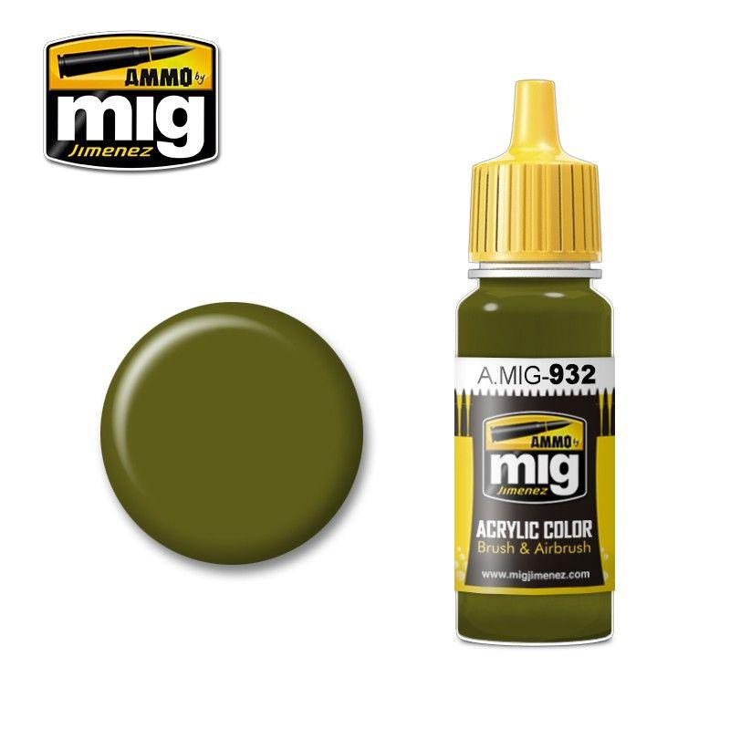 Ammo by Mig Jimenez dark olive green acrylic paint with airbrush-cap and glossy color swatch.