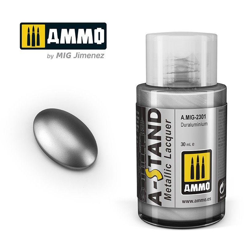 AMMO by MIG Jiménez A-STAND Metallic Lacquer 30ml with applicator for high-quality modeling finishes.