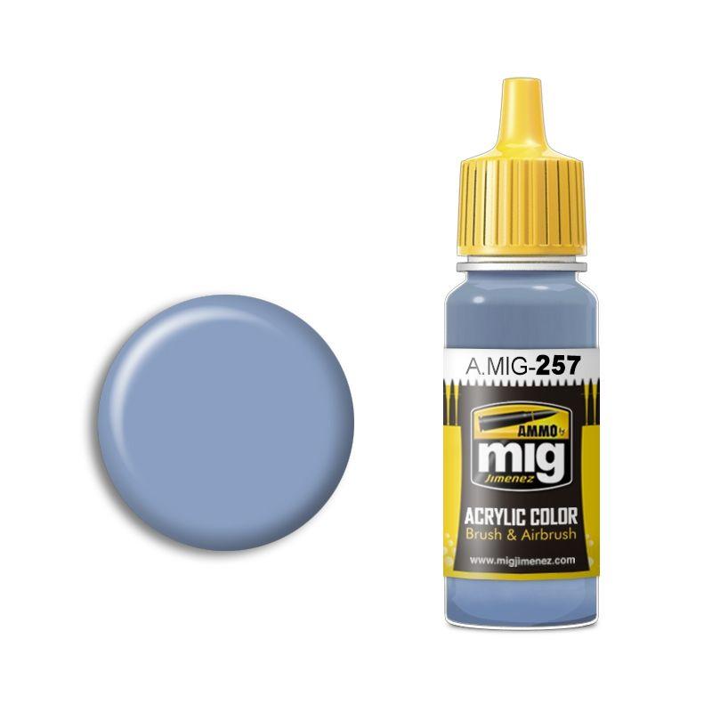 AMMO by MIG A.MIG-257 Muted Blue Acrylic Paint bottle with swatch showcasing soft blue color.