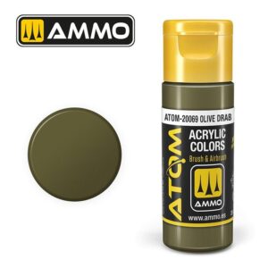 AMMO Olive Drab acrylic paint, ideal for modeling and art, with color swatch included.