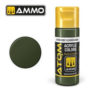 AMMO Olive Green Dark acrylic paint bottle with yellow cap and vibrant color swatch.