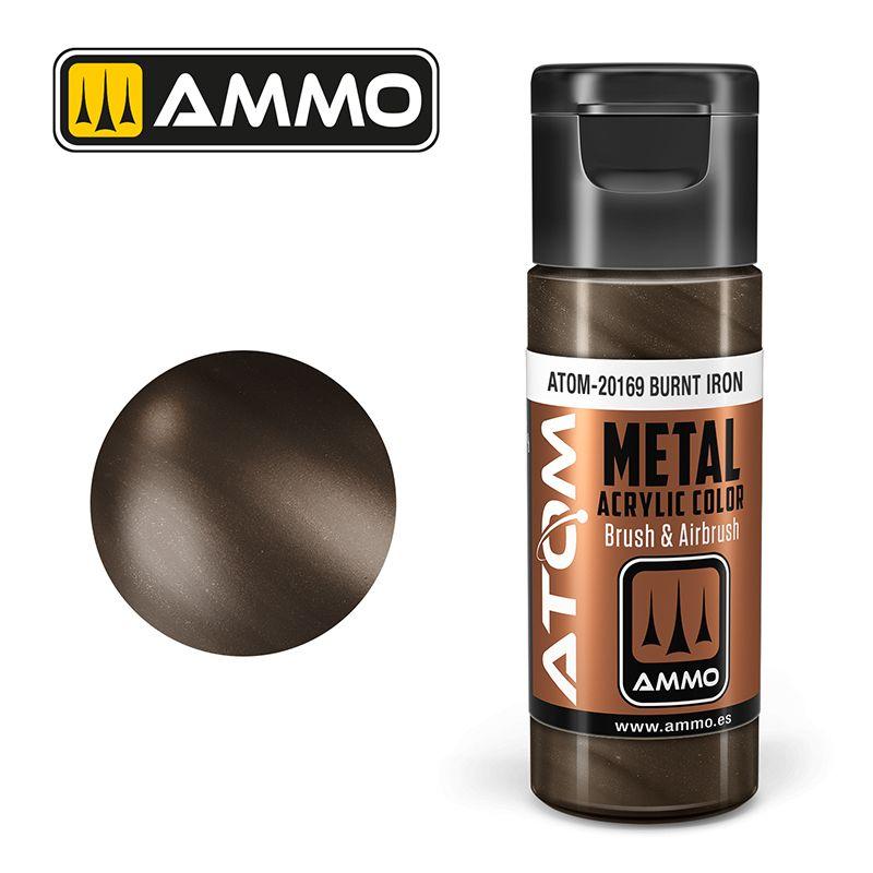 AMMO Atomic Burnt Iron acrylic paint creates realistic metallic finishes for models and projects.