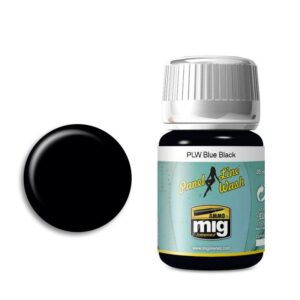 Sleek AMMO by MIG PLW Blue Black paint wash with glossy swatch for precise modeling details.