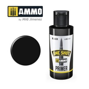 AMMO One Shot Black Primer: quick application for model painting with bold branding.