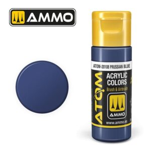 AMMO Prussian Blue acrylic paint, versatile for artists, displayed with a vibrant color swatch.