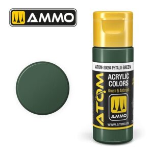 AMMO ATOM-20094 Pthalo Green acrylic paint bottle with vibrant yellow lid and color swatch.