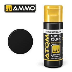 AMMO Satin Black Acrylic Paint in a sleek bottle with a glossy finish, ideal for artists.