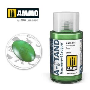 AMMO A.STAND Transparent Green lacquer paint for modeling, featuring vibrant color and clear design.