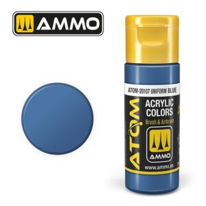 AMMO Uniform Blue acrylic paint, cylindrical bottle with yellow accents, includes color swatch reference.