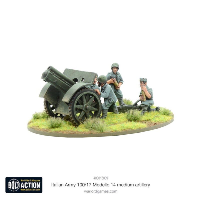 Italian WWII artillery model with soldiers in action, set on realistic terrain.