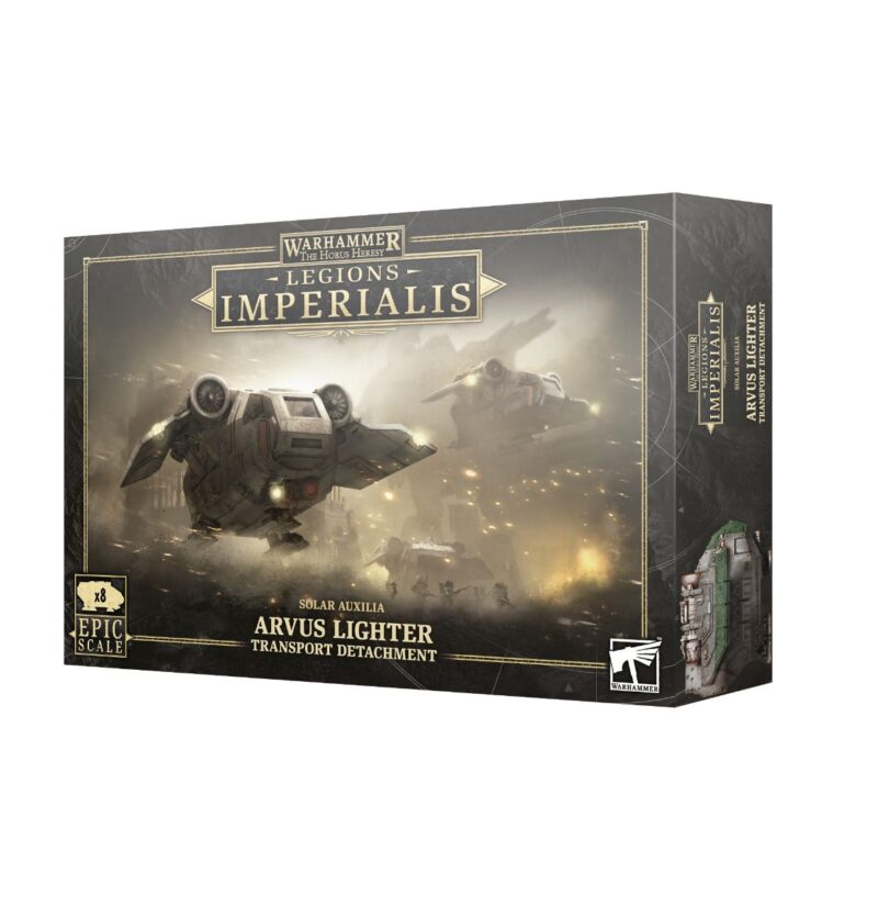 Arvus Lighter model kit for Warhammer 40,000: Imperialis, featuring dynamic combat and transport scenes.