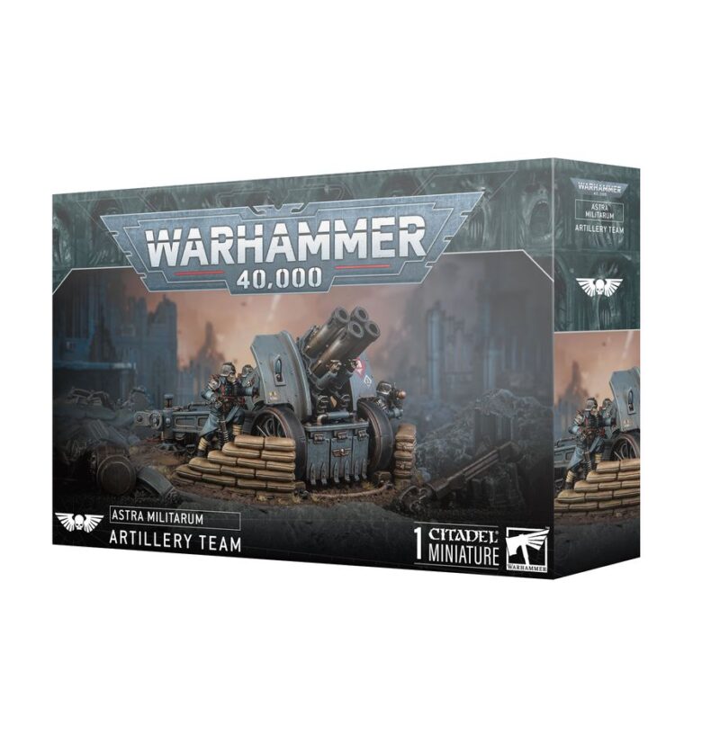 Astra Militarum Artillery Team box set showcases intricate miniatures and a dynamic war-torn backdrop.