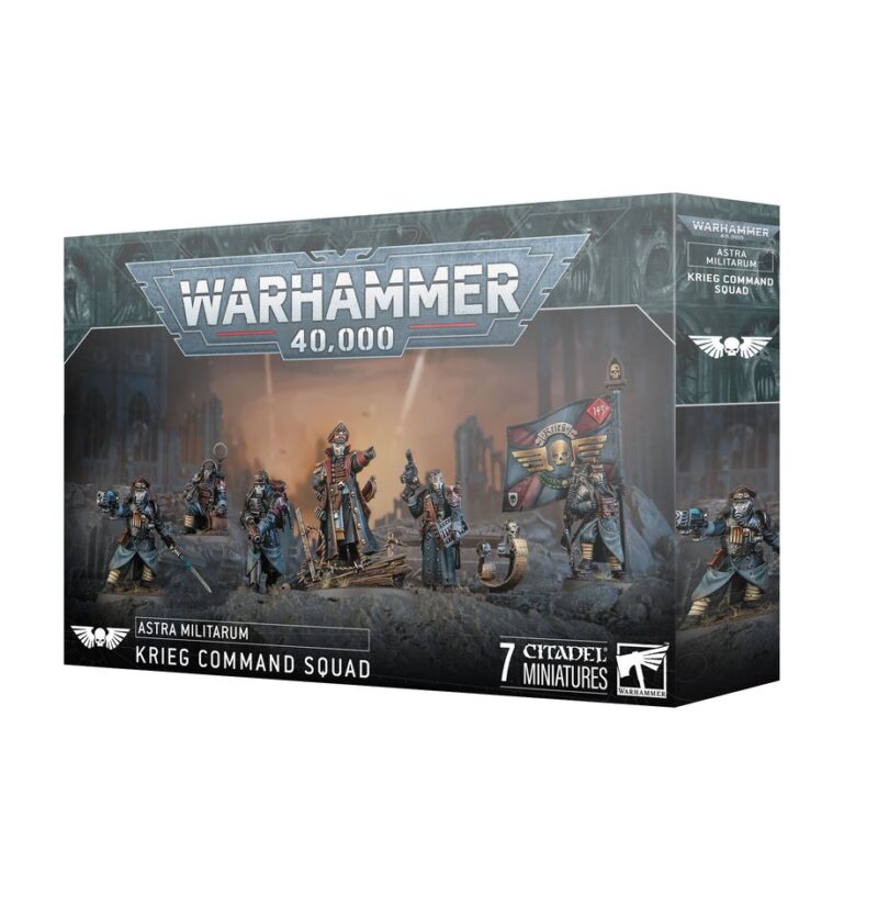 Astra Militarum Krieg Command Squad miniatures in dynamic poses for Warhammer 40,000 tabletop gaming.