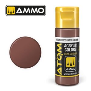 Ammo ATOM-20055 Umber Brown acrylic paint bottle with swatch, ideal for artists and crafters.