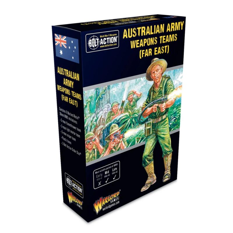 Australian Army Weapons Teams WWII tabletop game box with soldier artwork and historical details.