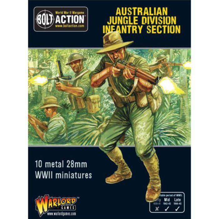 Australian WWII jungle division miniatures in action poses, perfect for Bolt Action enthusiasts.