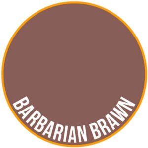 Bold brown design with orange border, featuring BARBARIAN BRAWN for strength-themed branding.