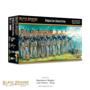 Belgian Napoleonic infantry miniatures in firing position, showcasing vibrant artwork and historic detail.