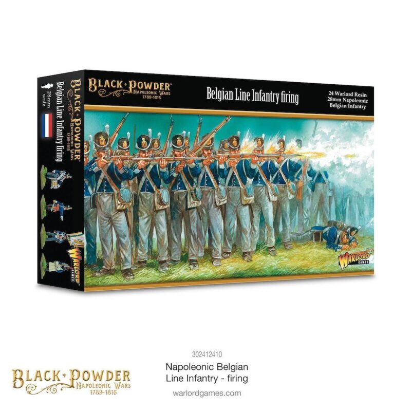 Belgian Napoleonic infantry miniatures in firing position, showcasing vibrant artwork and historic detail.