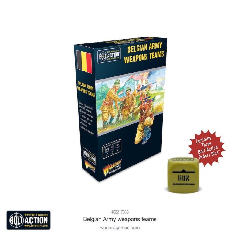Belgian Army Weapons Teams for Bolt Action with vibrant artwork and essential gaming tokens.