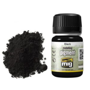 Artist-grade black modeling pigment powder and MIG bottle for creative projects.