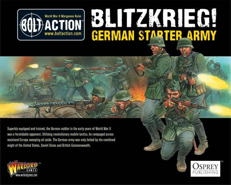 Blitzkrieg Action: German Starter Army Set for Bolt Action captures WWII combat intensity.