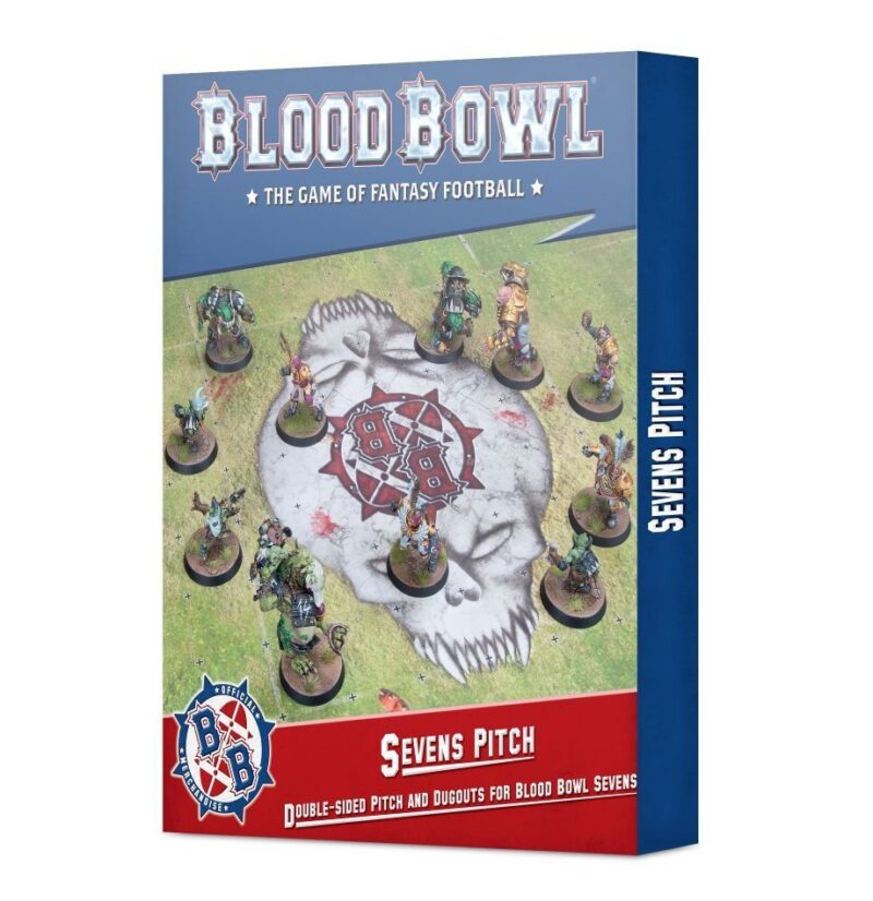 Blood Bowl: Sevens Pitch game box art features vibrant fantasy football action and whimsical characters.