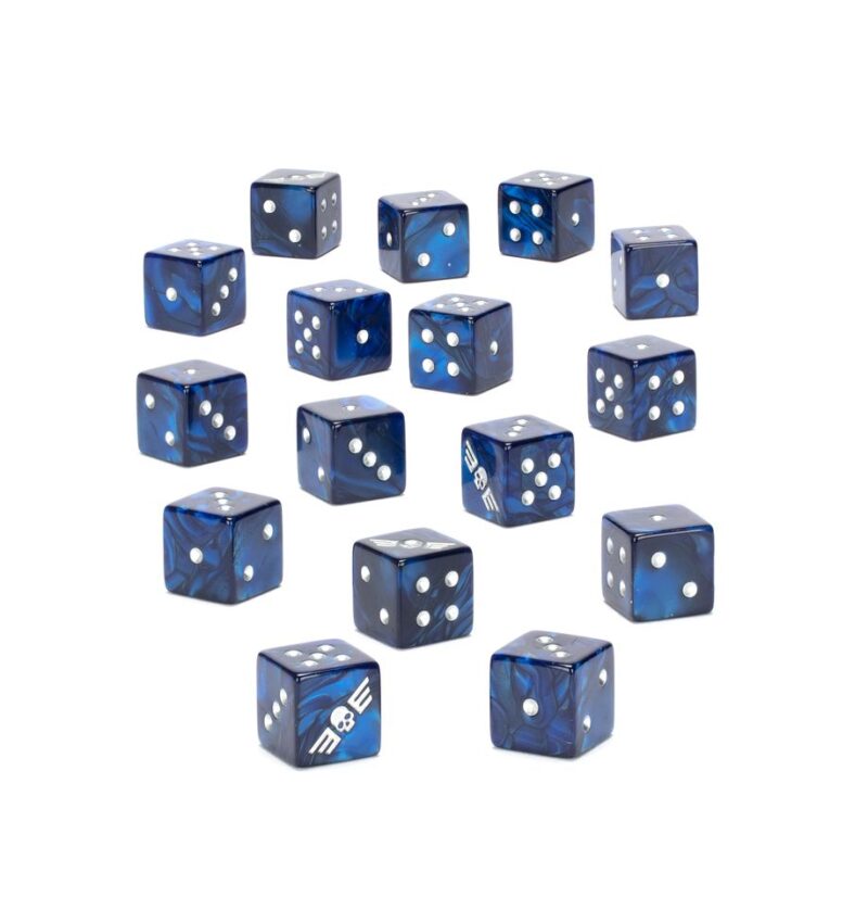 Charming blue dice collection with white pips on a bright white background.