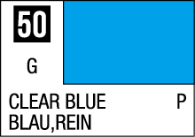 Vibrant clear blue color swatch labeled 50 with international translations and additional properties.